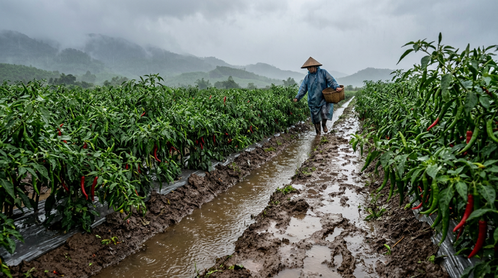 Farmer walking through chili pepper plants in flooded field under rain